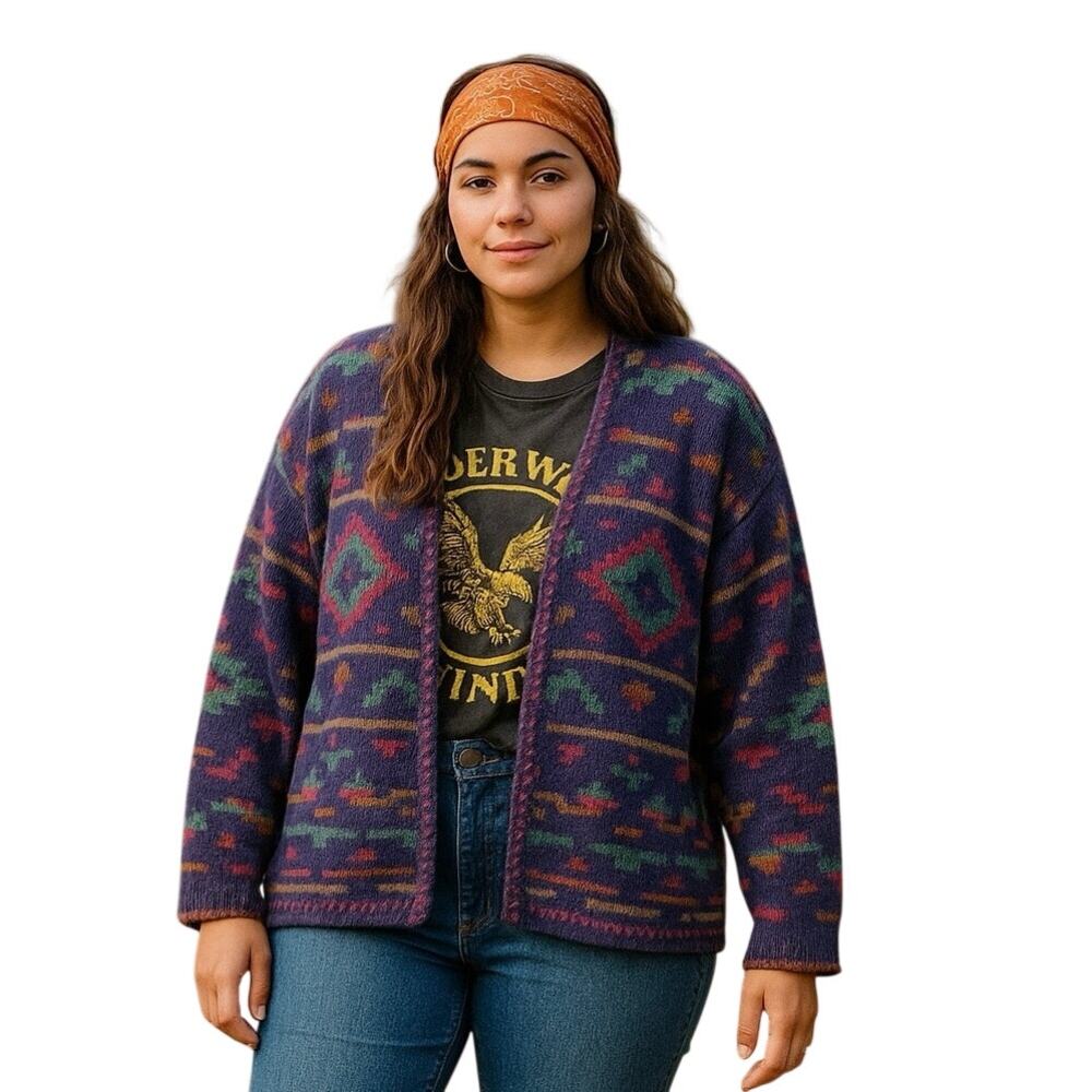 Vintage ALPS Southwestern Cotton Cardigan Sweater XL USA Aztec Knit Boho purple